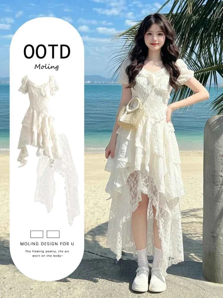 Beach Vacation Bohemian Style Waist-Cinched Dress Summer New Arrival Elegant Skirt Polyester Fiber Short Sleeve V-Neck Loose Fit