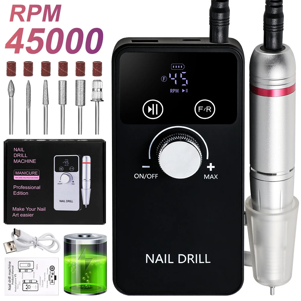 45000RPM Professional Nail Drill Machine Rechargeable Low Noise Electric Nail Drill Sander File for Manicure Gel  Polish Tool    Home Decor Supply | Online Retail | ShoreShopper.com
