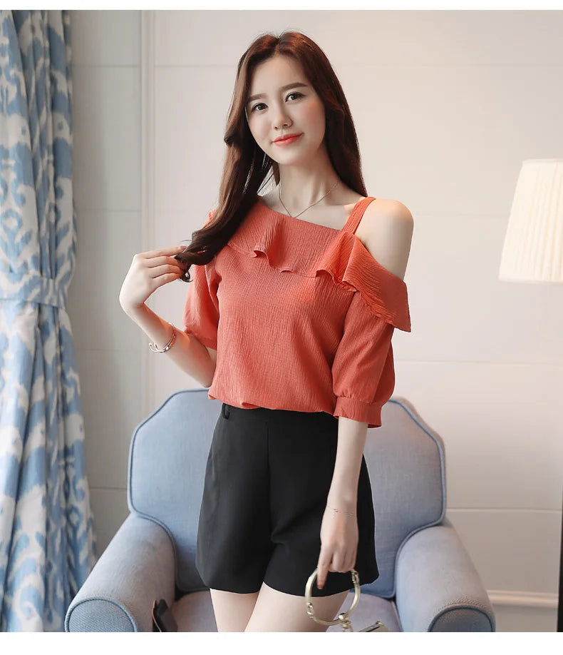 Women's Shirt Tops One-Shoulder Ruffles Short-sleeved Chiffon Blouse    Your Coastal Marketplace | Shoreshopper.com