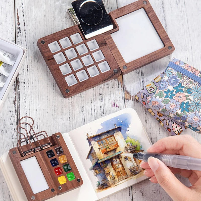 1pc Art Supplies Sketchbook Palette Mini Walnut Wood Watercolor Palette Portable Paint Box With Clip Travel Painting Paint Tray    Home Decor Supply | Online Retail | ShoreShopper.com