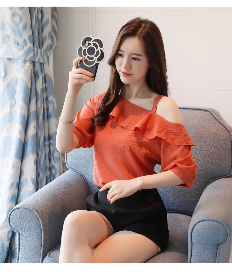 Women's Shirt Tops One-Shoulder Ruffles Short-sleeved Chiffon Blouse    Your Coastal Marketplace | Shoreshopper.com
