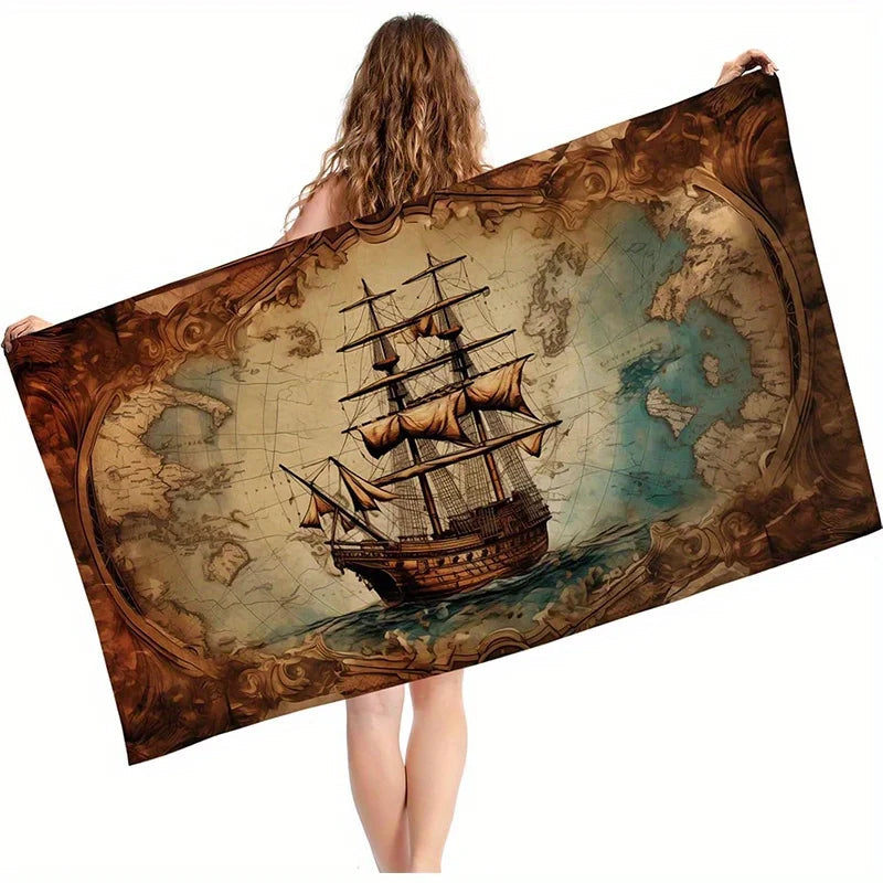 Beach Towel Vintage Map and Ship Printed Pattern Sun Protection Windproof Suitable for Pool Camping Travel Blanket    Your Coastal Marketplace | Shoreshopper.com