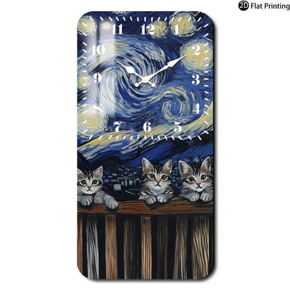 Vintage 2D-Flat Cats with Van Goghs Starry Night backdrop Wooden Silent Quartz Rectangle Wall Clock for Home Idea Holiday Gifts    Home Decor Supply | Online Retail | ShoreShopper.com
