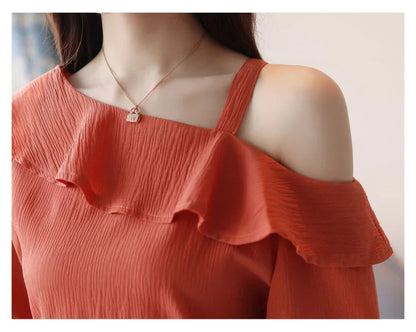Women's Shirt Tops One-Shoulder Ruffles Short-sleeved Chiffon Blouse    Your Coastal Marketplace | Shoreshopper.com