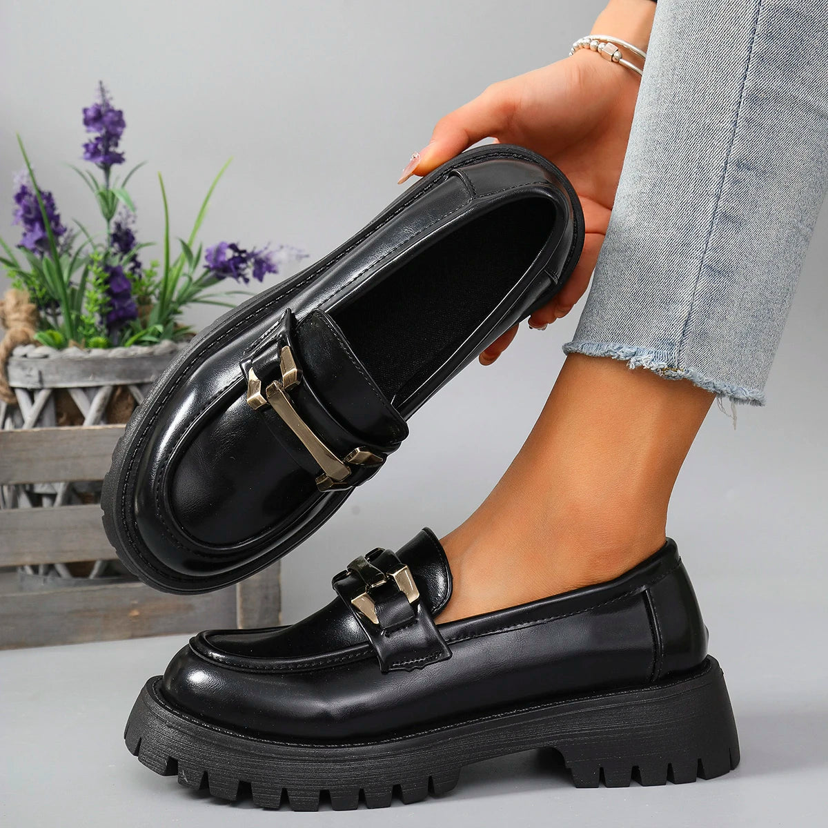 2025 Female Shoes Women Fashion Mary Janes Round Toe Flats Loafers Oxfords Platform Casual Metal Chain Buckle Ladies Heels Black    Your Coastal Marketplace | Shoreshopper.com