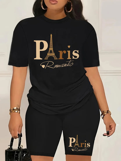 Paris Romantic Letter Print Women T Shirts Two Piece Set Hip Hop Fashion Short Sets Breathable Summer Soft T-Shirt Shorts Female    Home Decor Supply | Online Retail | ShoreShopper.com