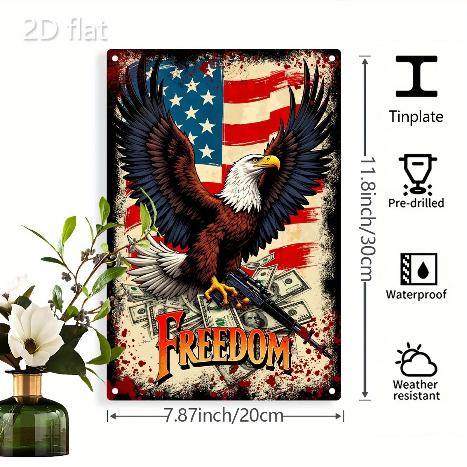 Patriotic Eagle with Guns Metal Wall Art - 8x12 Inch American Flag Design, Durable Iron Sign for Home & Outdoor Decor    Home Decor Supply | Online Retail | ShoreShopper.com