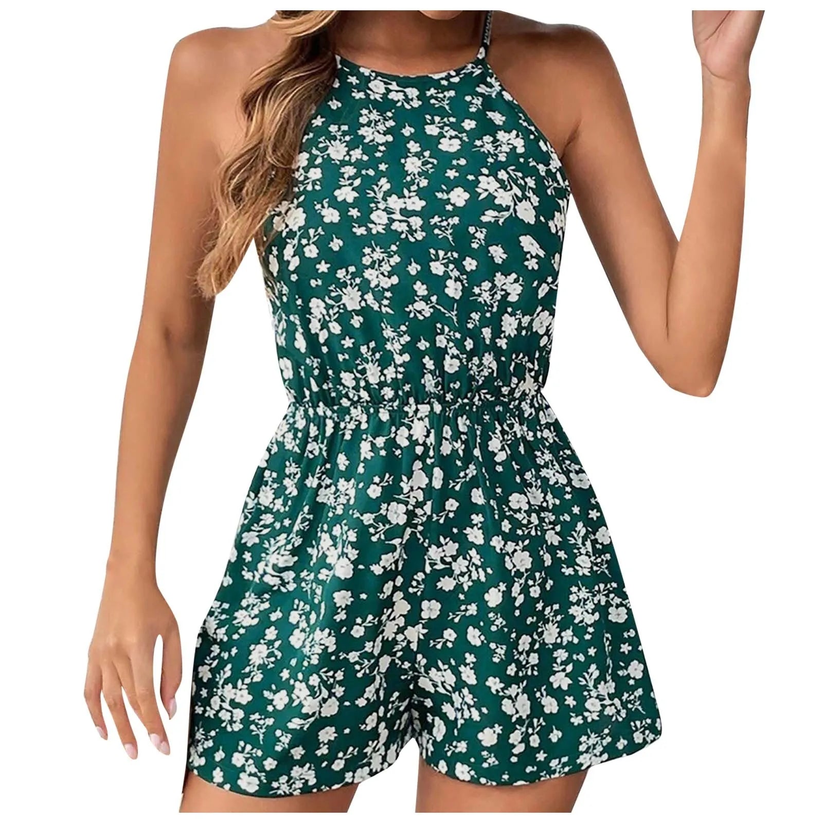 Fashion Women Romper Floral Printed Halter Neck High Waist Sleeveless Jumpsuits Summer Vintage Lace Up Casual Beach Overalls - ShoreCo.Shop