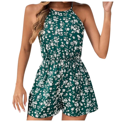 Fashion Women Romper Floral Printed Halter Neck High Waist Sleeveless Jumpsuits Summer Vintage Lace Up Casual Beach Overalls - ShoreCo.Shop