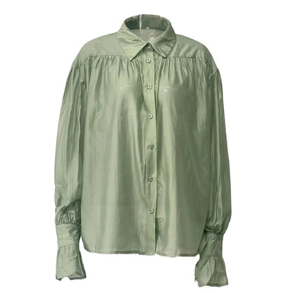 Women's Shirt Long Sleeve Turn-down Collar Sexy See-through Loose Button Women Shirts Beach Style Simple Solid Color Casual Tops    Your Coastal Marketplace | Shoreshopper.com