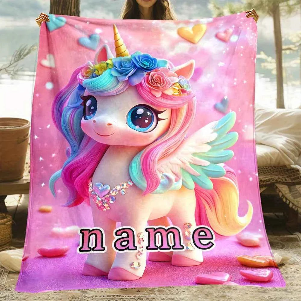 Customizable unicorn blanket with sparkling rainbow mane, soft and lightweight pink flannel blanket, personalized name options