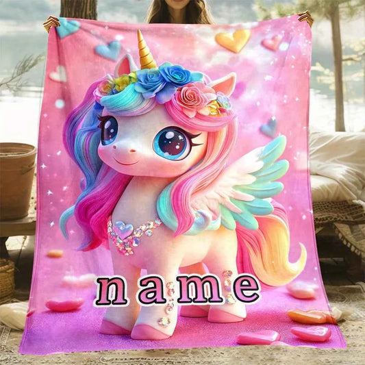 Customizable unicorn blanket with sparkling rainbow mane, soft and lightweight pink flannel blanket, personalized name options