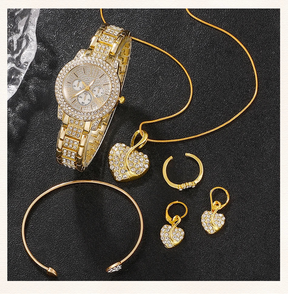 Women's Quartz Watch Gold Luxury Women Ring Necklace Earring Rhinestone Fashion Wristwatch Casual Ladies Watches Jewelry Set    Home Decor Supply | Online Retail | ShoreShopper.com