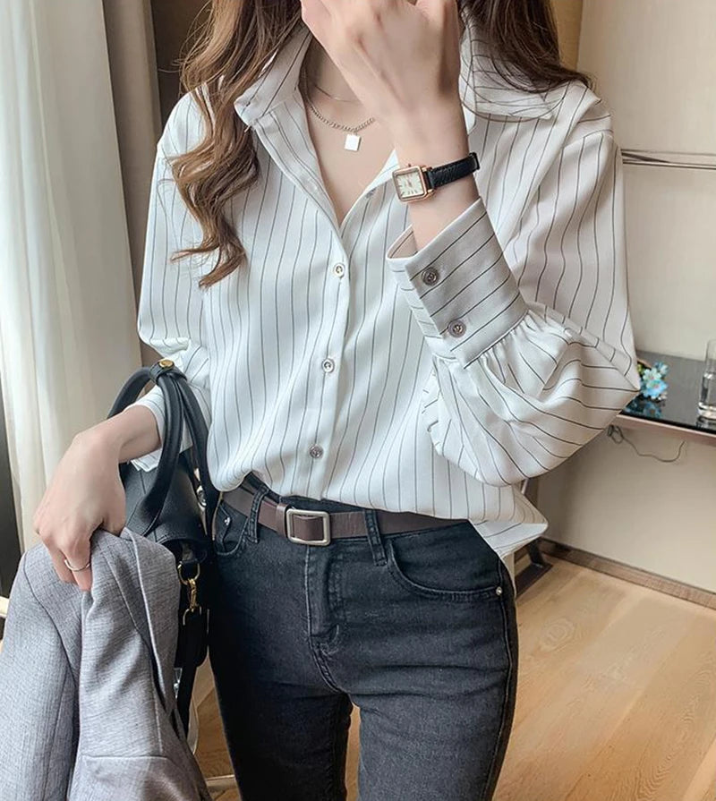 Striped Shirt Women Summer Vintage Chic Loose Long Sleeve Top Y2K Office Ladies Fashion Casual Turn Down Collar All Match Blouse    Your Coastal Marketplace | Shoreshopper.com