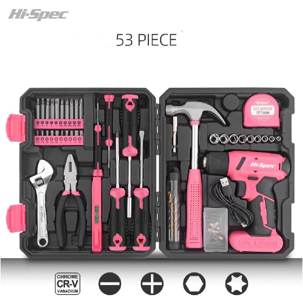 Hi-Spec 92-Piece Pink Home Tool Box Set, Multi-Function Hand Repair Kit with Hammer Cordless Power Drill Combo for Household DIY - ShoreCo.Shop
