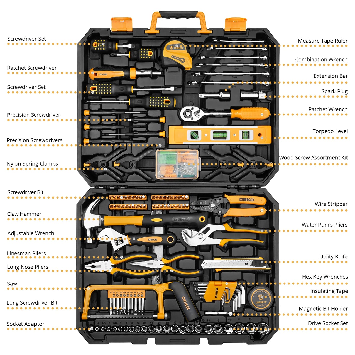 DEKO 228Pcs Socket Wrench Auto Repair Tool Combination Package Mixed Tool Set Hand Tool Kit with Plastic Toolbox Storage Case - ShoreCo.Shop