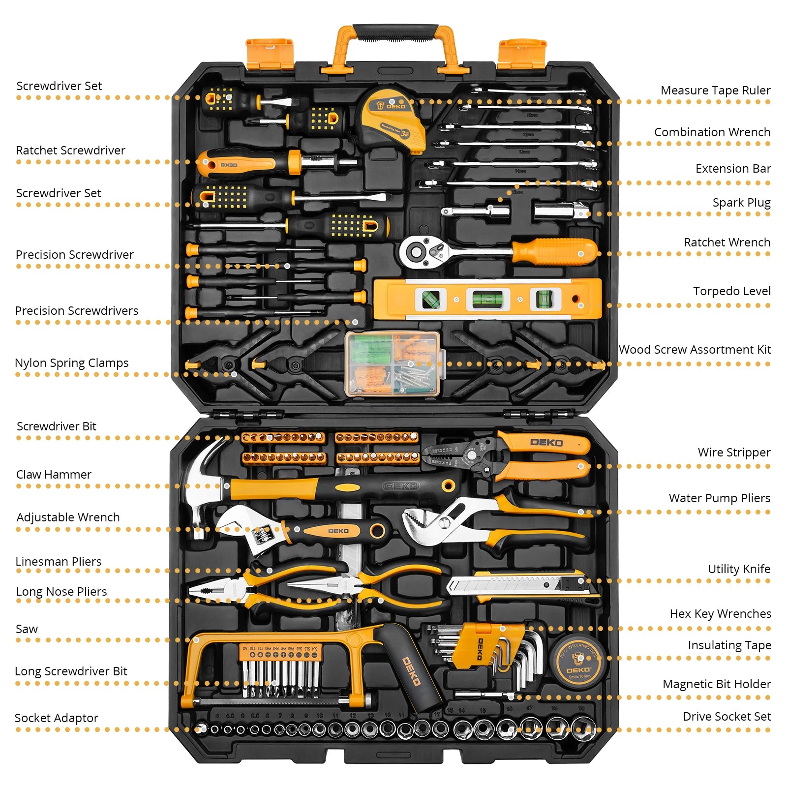 DEKO 228Pcs Socket Wrench Auto Repair Tool Combination Package Mixed Tool Set Hand Tool Kit with Plastic Toolbox Storage Case - ShoreCo.Shop