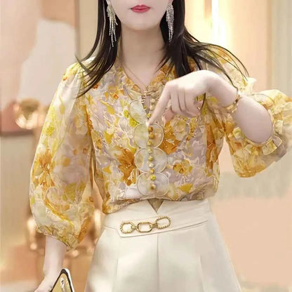 Women's shirt undershirt new seven minute sleeve small fresh blouse cover belly senior thin floral shirt