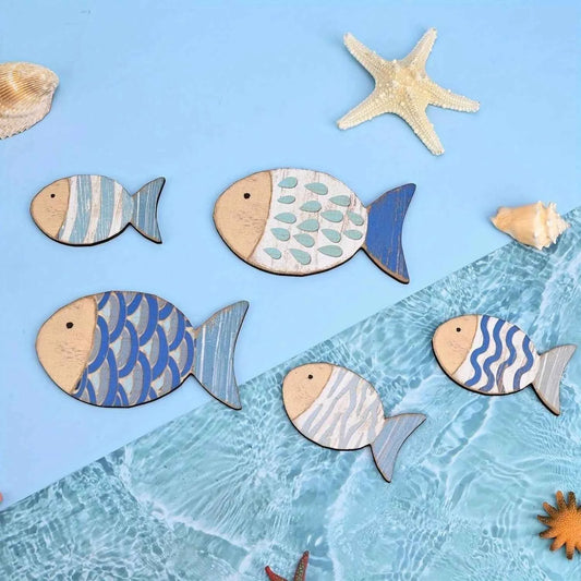 2D Wooden Fish Nautical Walls Beach Art Walls Hang Decorated Marine Themed Retro blue Fish Family Bathroom Pendants Gifts