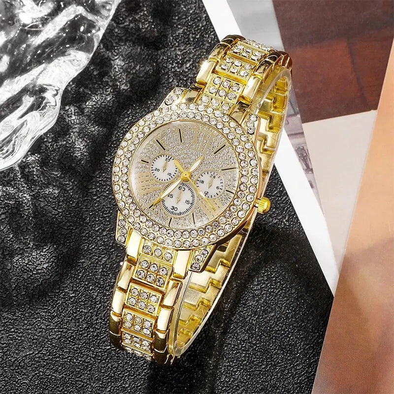 Women's Quartz Watch Gold Luxury Women Ring Necklace Earring Rhinestone Fashion Wristwatch Casual Ladies Watches Jewelry Set    Home Decor Supply | Online Retail | ShoreShopper.com