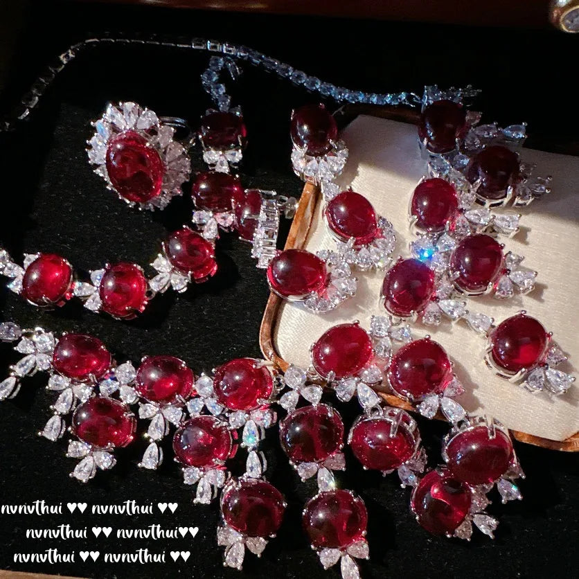 Fashion Women's S925 Silver Jewelry Set Geometric Lab Ruby Necklace Earrings Ring Bracelet Elegant Party Jewelry Wedding Jewelry    Home Decor Supply | Online Retail | ShoreShopper.com