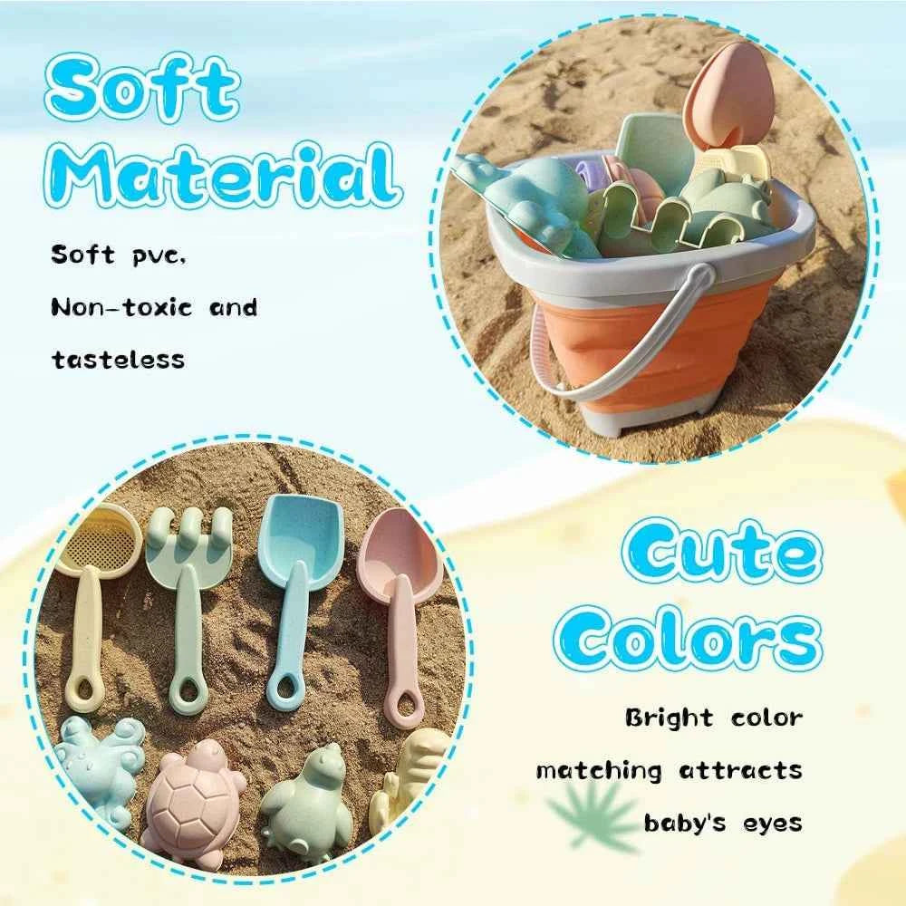 Beach Toy Set for Kids, Collapsible Silicone Bucket and Shovels Set with Sand Molds, Beach Essentials for Outdoor Play Summer