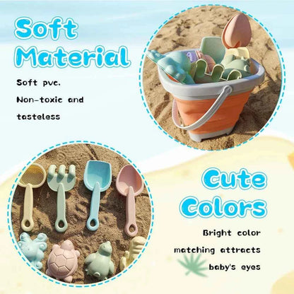Beach Toy Set for Kids, Collapsible Silicone Bucket and Shovels Set with Sand Molds, Beach Essentials for Outdoor Play Summer