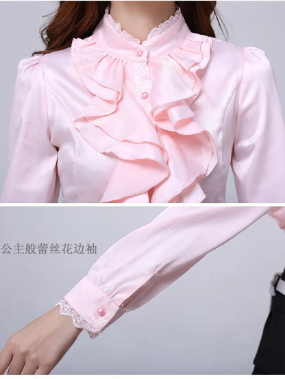 Women Shirts Long Sleeve   Spring Autumn Button Up Tops Fashion Lady Stand Collar Shirt Solid Color Female Elegant Blouses    Your Coastal Marketplace | Shoreshopper.com