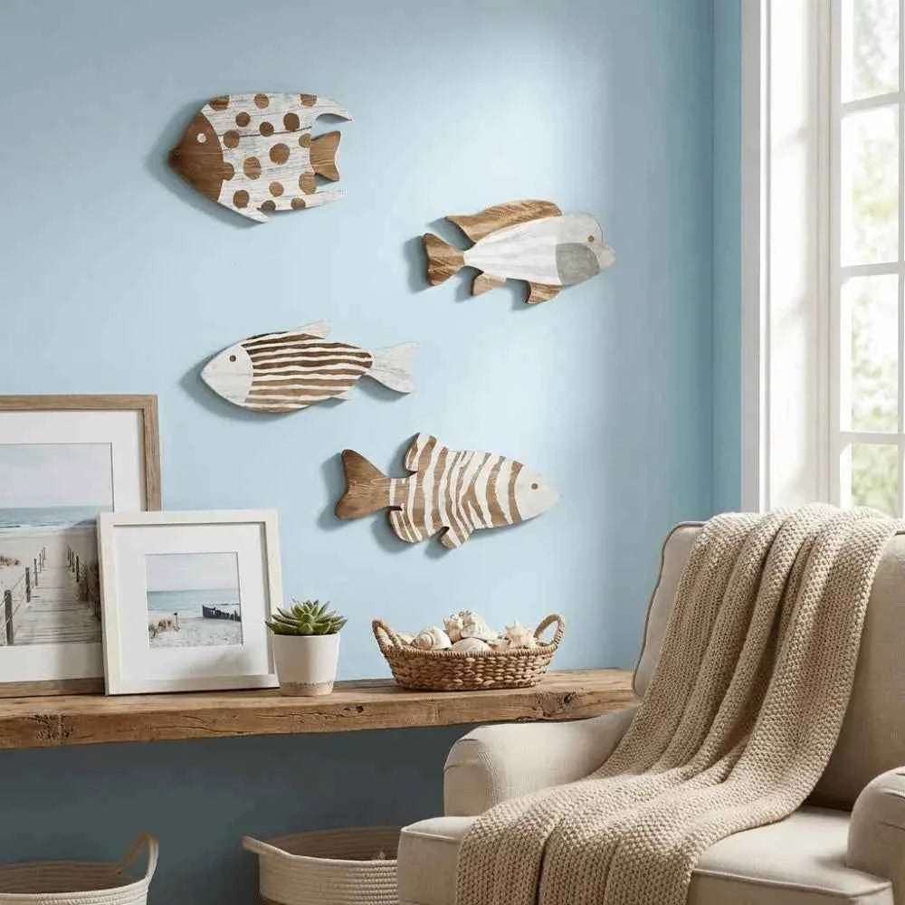 Marine Style Wooden Fish Wall Decor School of Fish Rustic Carving Fish Pendant Handcrafted Ocean Theme Nautical Wall Art