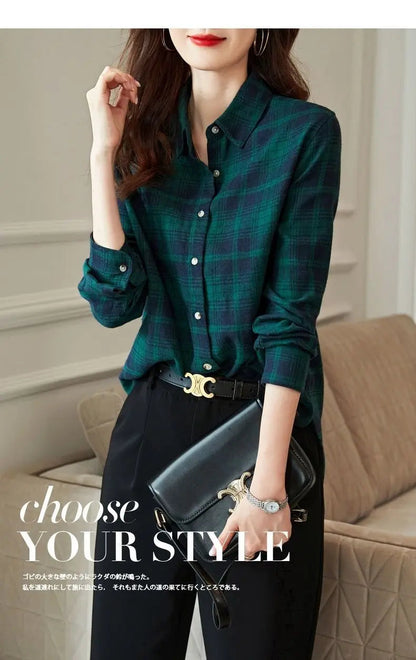 Women's Shirt New Spring Autumn Long Sleeve Single-breasted Polo-neck Casual Printing Plaid Office Lady Elegant Fashion Cardigan    Your Coastal Marketplace | Shoreshopper.com