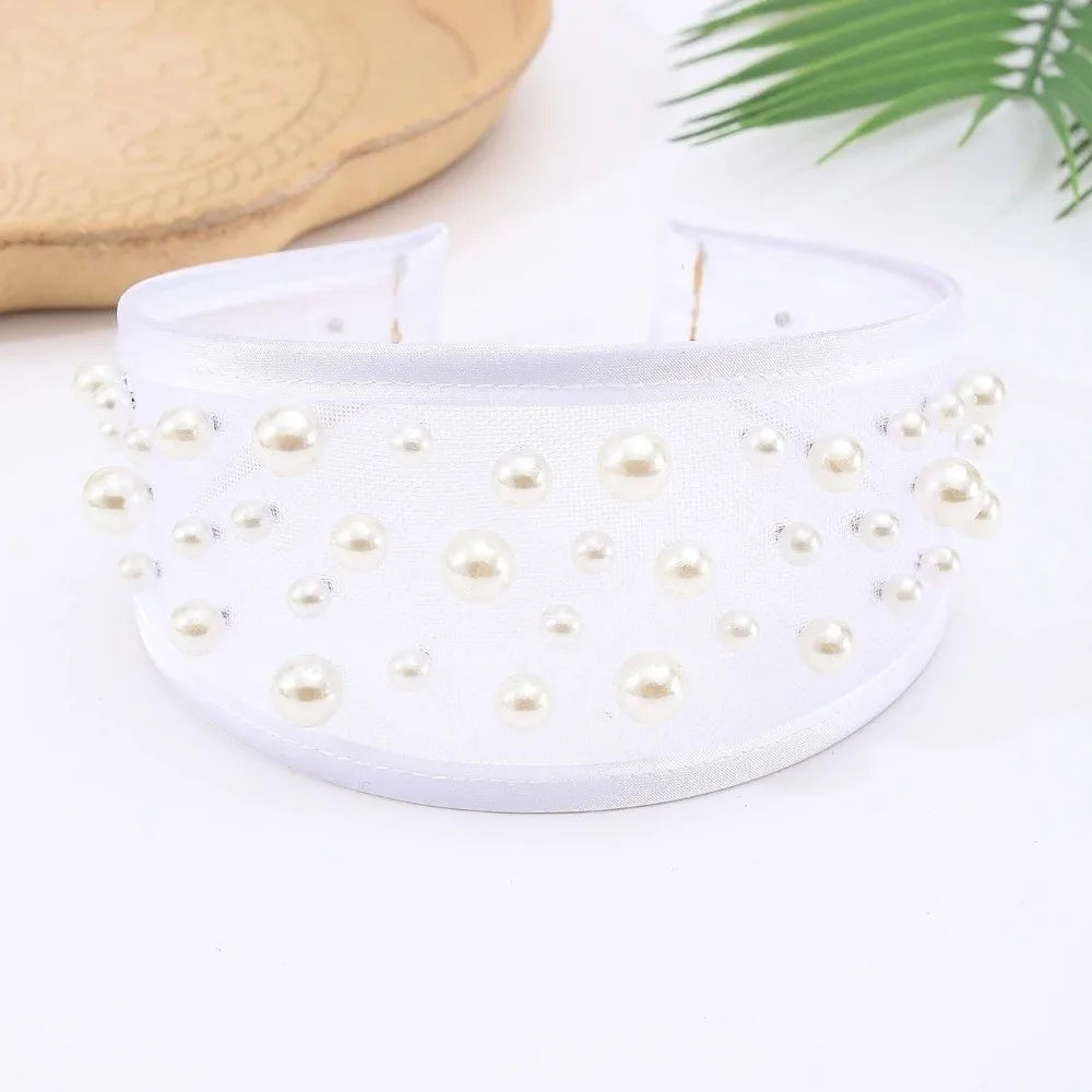 Headwear Mesh Pearls Headband Creative Beads Rhinestone Wide Hair Hoop Solid Color Waterproof Black White Hairband Wash Face    Your Coastal Marketplace | Shoreshopper.com