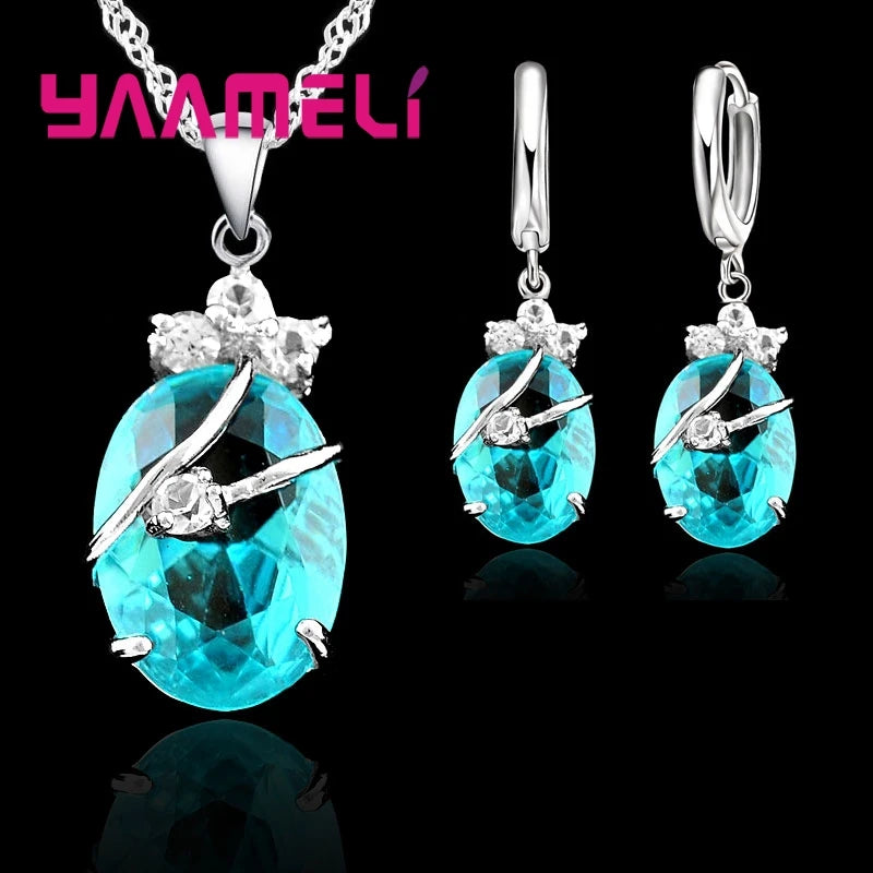 New Fashion Vintage Jewelry Sets For Women 925 Sterling Silver Crystal Stone Pendant Charms Wedding Necklace Hoop Earrings    Home Decor Supply | Online Retail | ShoreShopper.com