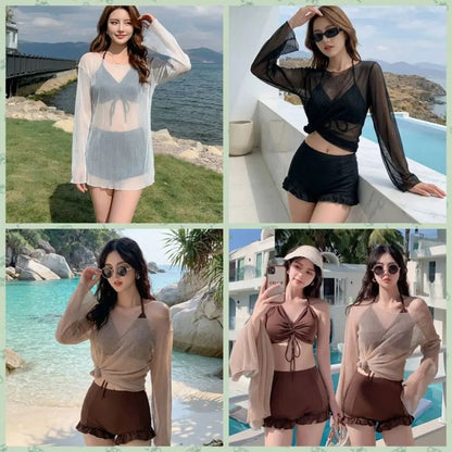 Beachwear Ruffles Bikini Set Slim Fit Lace-up Long Sleeve Swimsuit Sun Protection Transparent Pullover Swimming Suit Resort    Your Coastal Marketplace | Shoreshopper.com