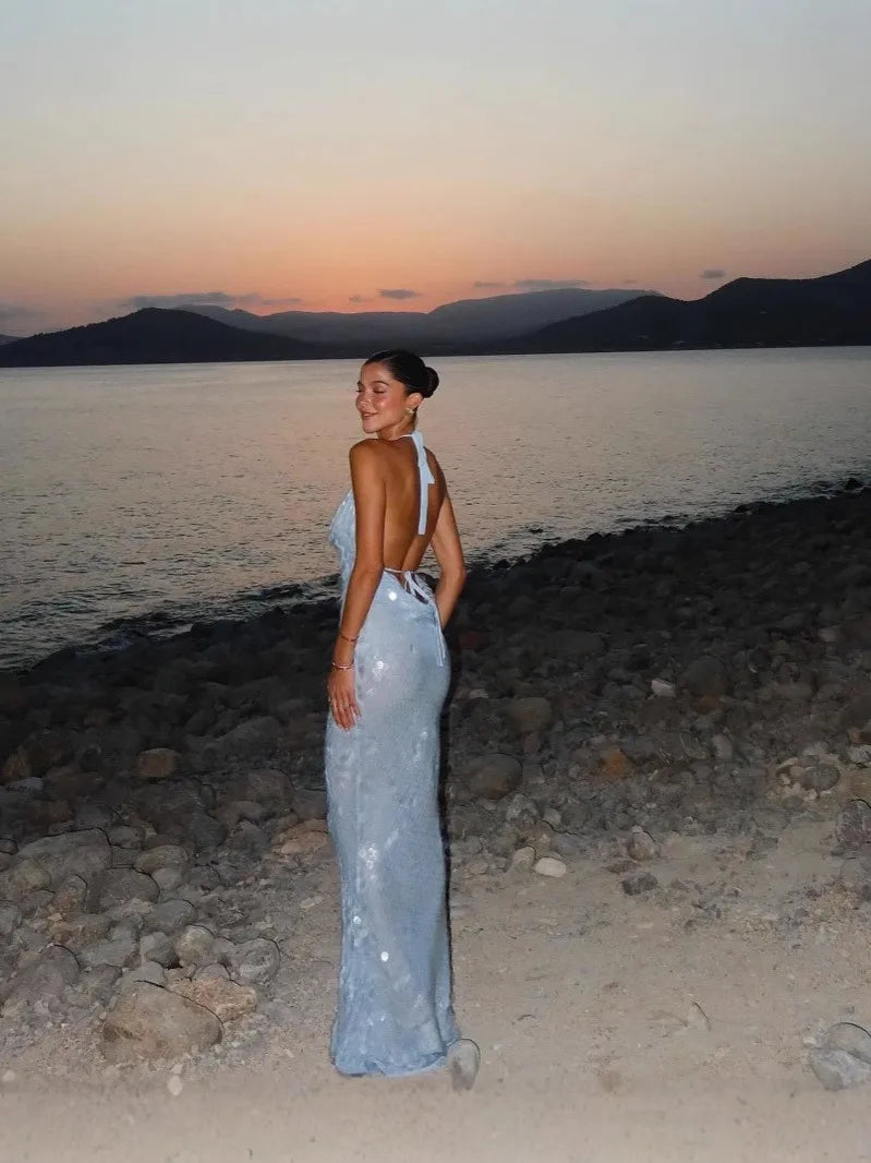 Beachwear Party Dresses For Woman Backless Evening Dress Sequin Solid Color Spaghetti Strap Patchwork Robe Simple Style Trendy    Your Coastal Marketplace | Shoreshopper.com