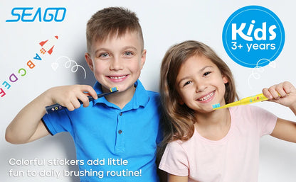 Children Electric Toothbrush with 8 Replacement Heads DIY Stickers 5 Cleaning Modes Blue Pink Yellow 3 Colors Soft Bristles - ShoreCo.Shop