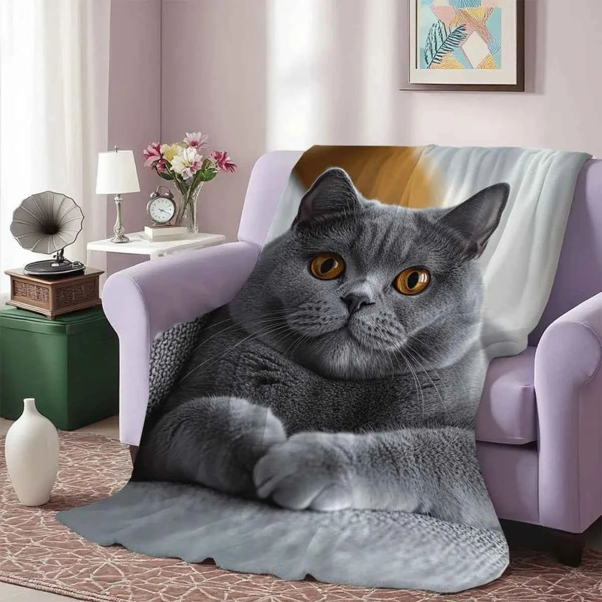 Personalized British Shorthair Cat Fleece Blanket - Custom Feline Portrait Luxury Plush Throw