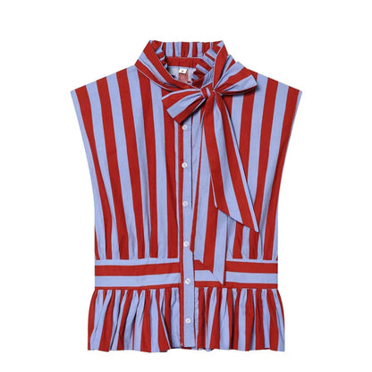 Women's Shirt 2026 Summer New Style Striped Sleeveless Waist-Fitted Shirt with Bow Decoration Romantic Style Personality Fashion    Your Coastal Marketplace | Shoreshopper.com