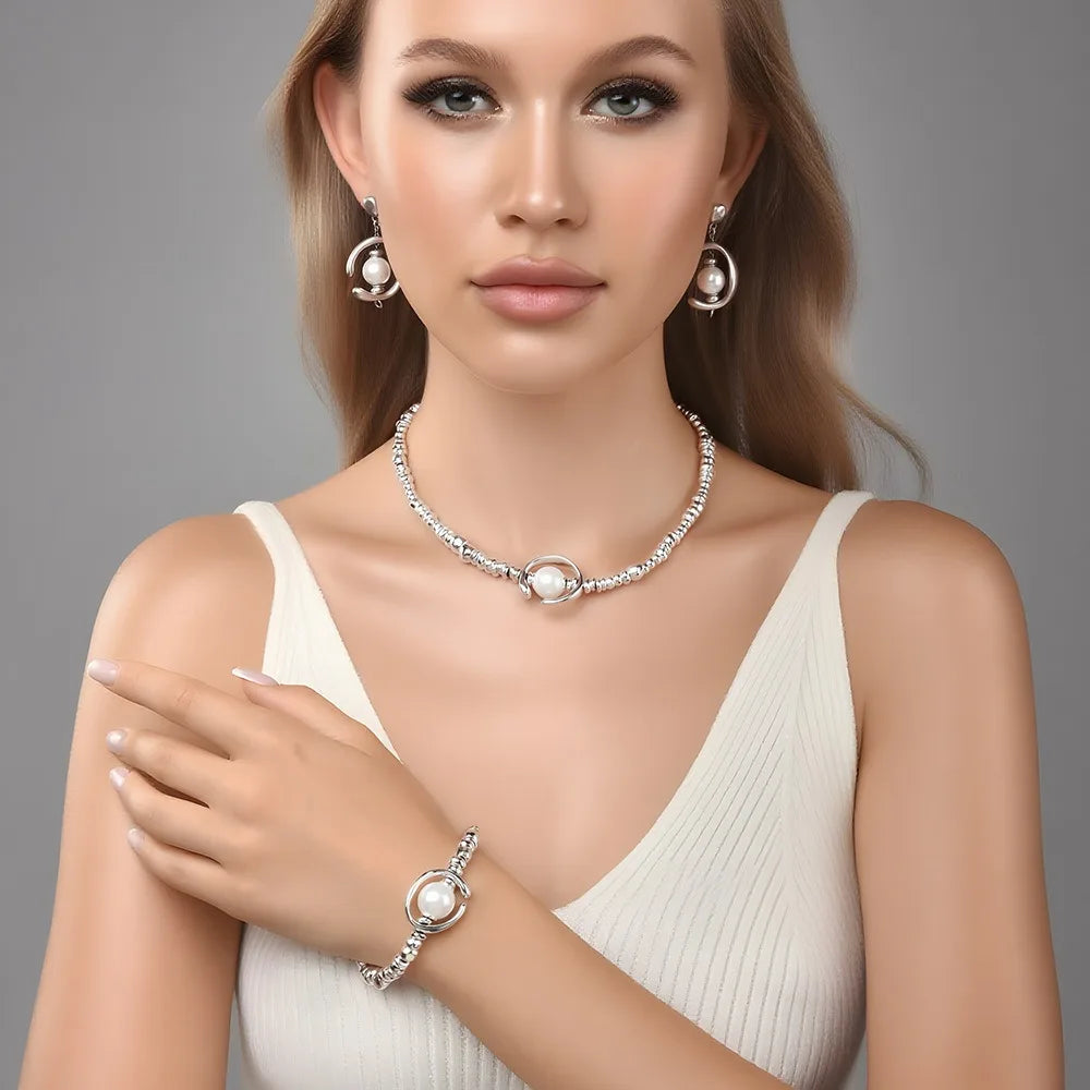 Pearl Jewelry Set, Gold Silver Necklace Earrings Bracelet Set, Elegant Wedding Party Jewelry For Women Gifts    Home Decor Supply | Online Retail | ShoreShopper.com