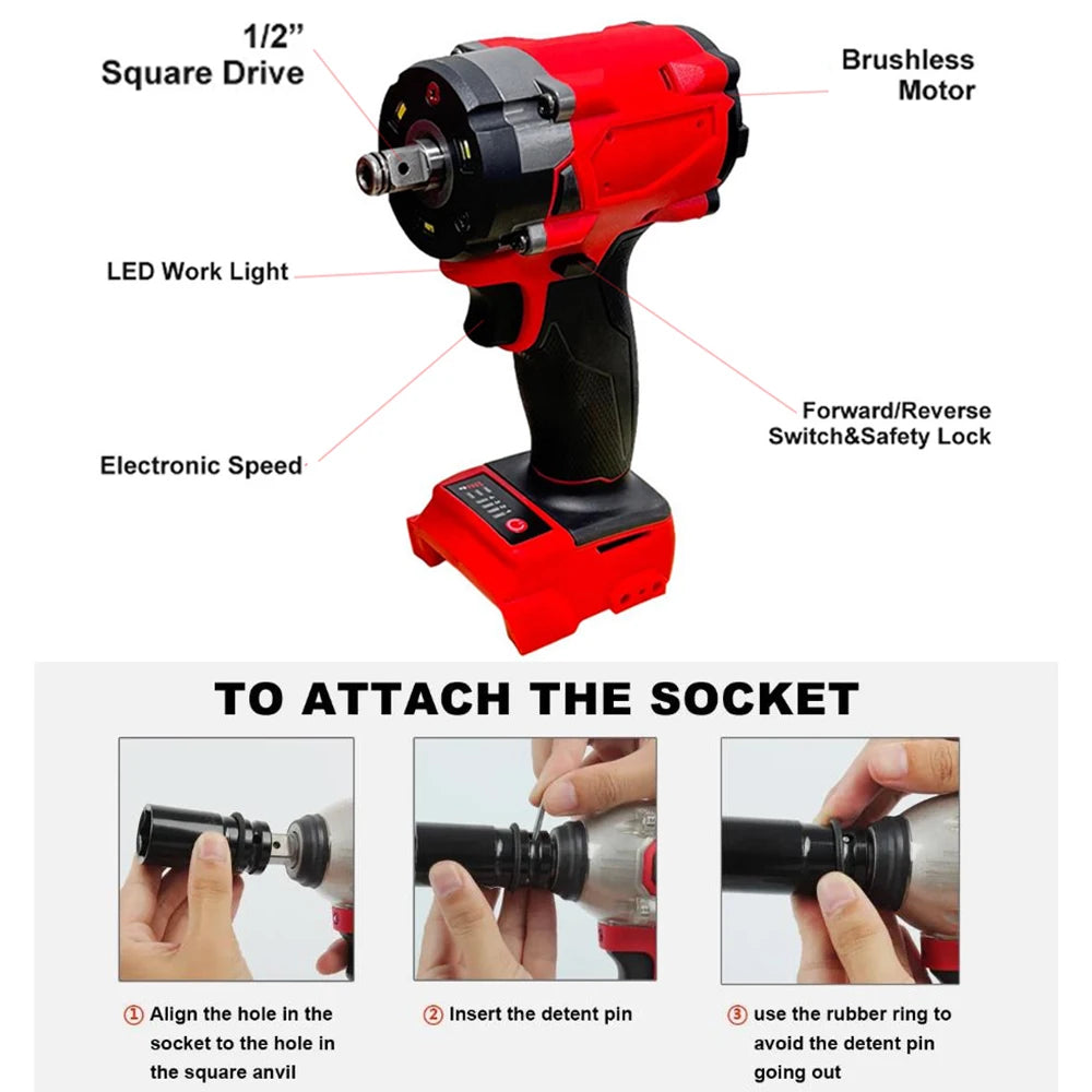 Brushless Impac Wrench 500N.m Electric Driver 1/2" Repair Cordless Screwdriver 4 Gears Power Tools for Milwaukee 18V Battery - ShoreCo.Shop