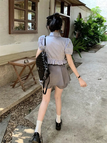 Bow-rinked Striped Shirt for Women Summer French Sweet and Spicy Puff Sleeve Shirt Short Short Sleeve Top    Home Decor Supply | Online Retail | ShoreShopper.com