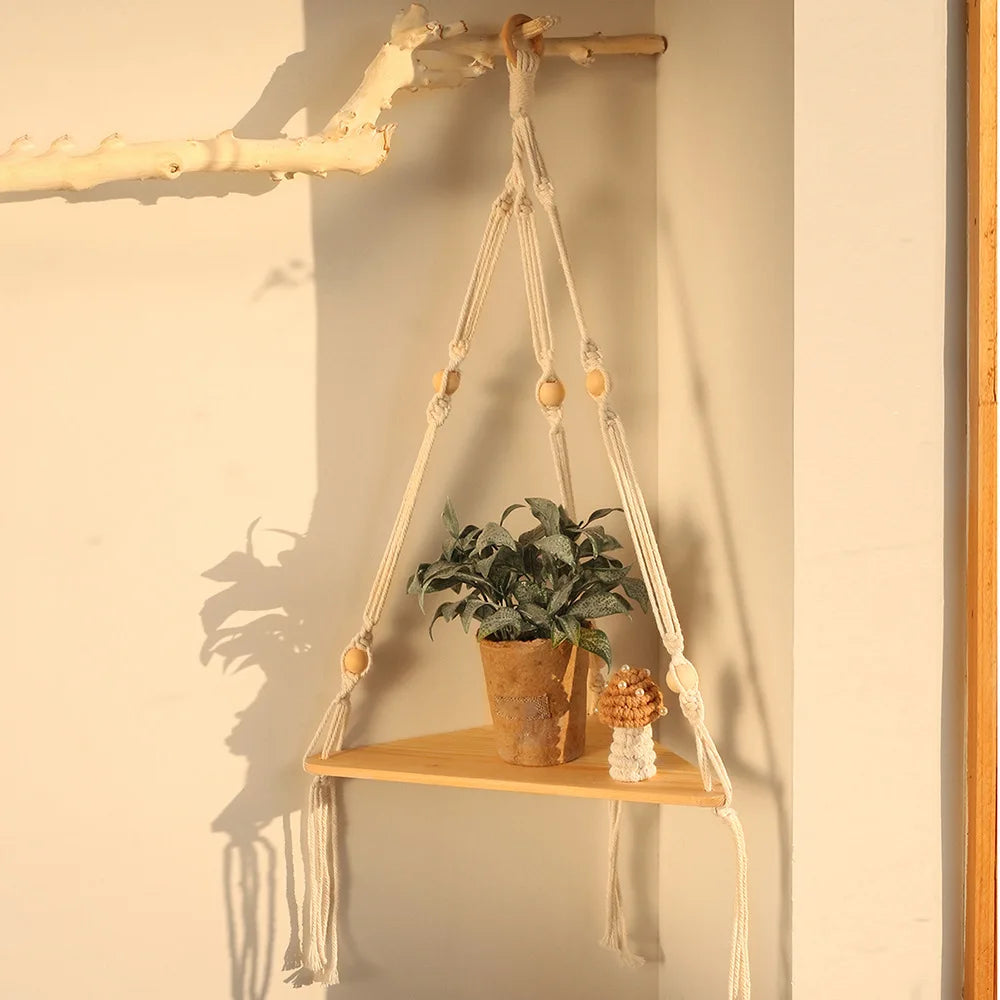 Corner Shelf Macrame Wall Hanging Wood Floating Shelves Rustic Boho Wall Shelf Decor Storage Rack for Plants Pots Photo Frames    Home Decor Supply | Online Retail | ShoreShopper.com
