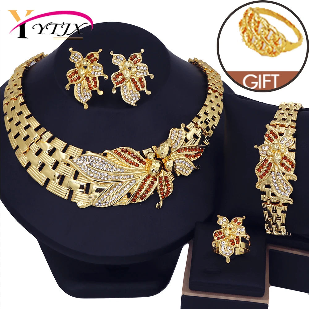 YTJX Wedding Jewelry Set Africal Big Flower Choker Necklace Fine Zircon Bracelet Piercing Earring Ring 18K Gold Plated Jewellery    Home Decor Supply | Online Retail | ShoreShopper.com