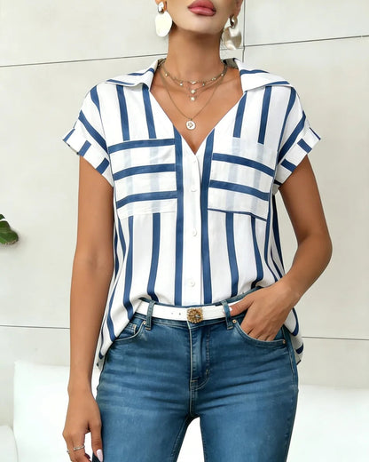 Women's Blouse Shirt Summer Top Navy White Top Vertical Stripe V Neck Short Sleeve Sleek Stylish Daily Shirt Casual Tops    Your Coastal Marketplace | Shoreshopper.com