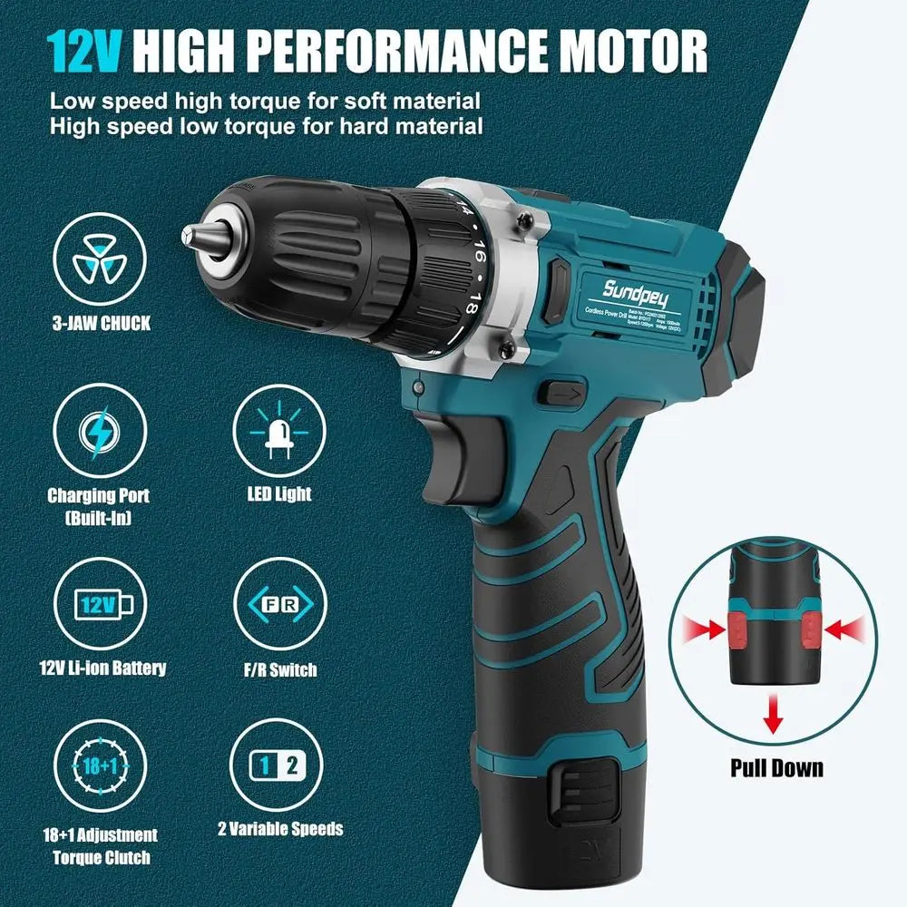 Tool Kit 206PCS with Drill - 12V Cordless Power Drill Combo Home Tool Set - Portable Basic General Household Toolbox for Repair - ShoreCo.Shop