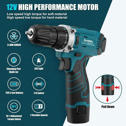 Tool Kit 206PCS with Drill - 12V Cordless Power Drill Combo Home Tool Set - Portable Basic General Household Toolbox for Repair - ShoreCo.Shop