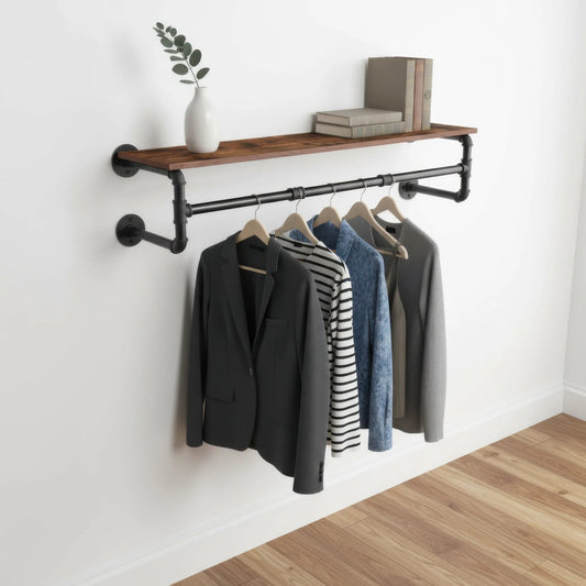 Industrial Pipe Clothes Rack with Top Shelf, 39 In Space-Saving 2 Tiers Heavy Duty Pipe Wall Mounted Clothing Shelves    Home Decor Supply | Online Retail | ShoreShopper.com