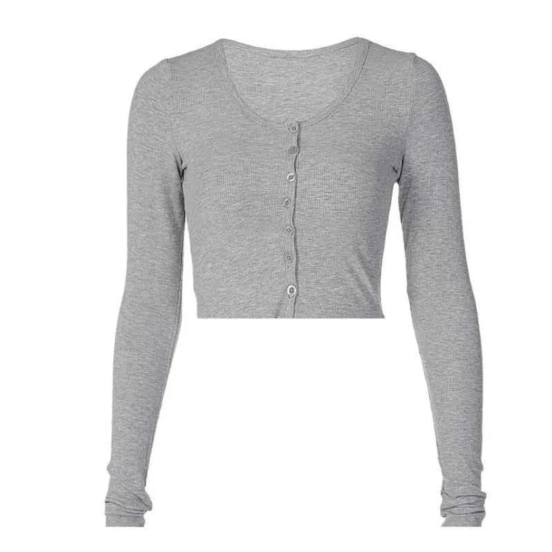 Single Breasted Tshirt Long Sleeve Crop Top Solid Color T Shirts For Women Streetwear Slim Fit Lady Outfit Camisetas Ropa Mujer