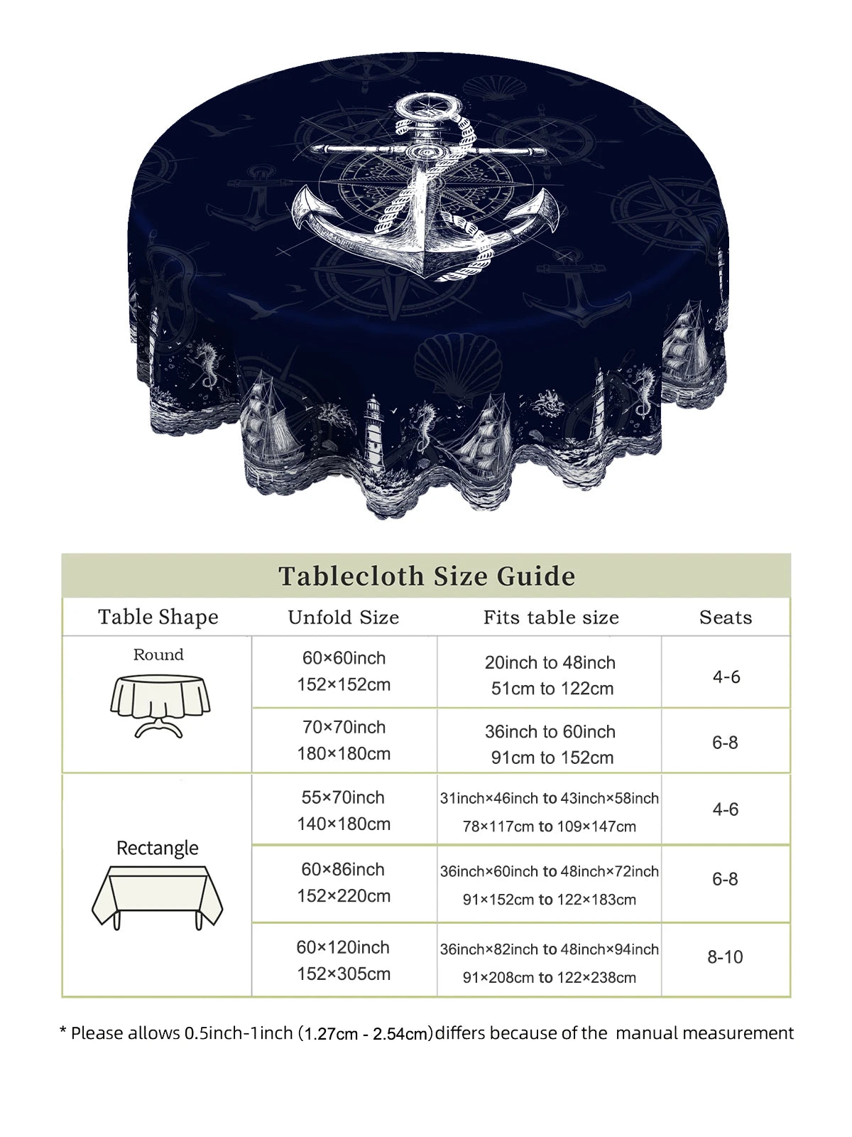 1pc Nautical Theme Tablecloth, Coastal Navy Blue Anchor, Lighthouse, Compass Designs For Spring Summer Decor    Your Coastal Marketplace | Shoreshopper.com