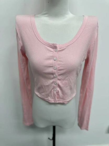 Single Breasted Tshirt Long Sleeve Crop Top Solid Color T Shirts For Women Streetwear Slim Fit Lady Outfit Camisetas Ropa Mujer    Your Coastal Marketplace | Shoreshopper.com