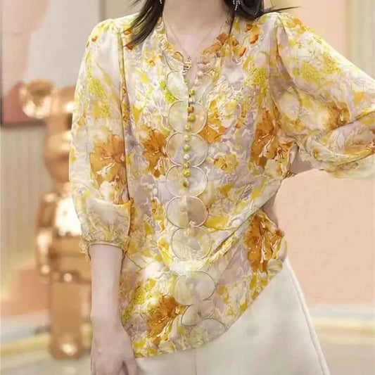 Women's shirt undershirt new seven minute sleeve small fresh blouse cover belly senior thin floral shirt
